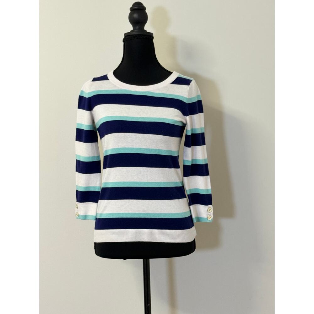 Banana Republic White/Nay/Teal Striped Sweater with 3/4 Length Sleeves